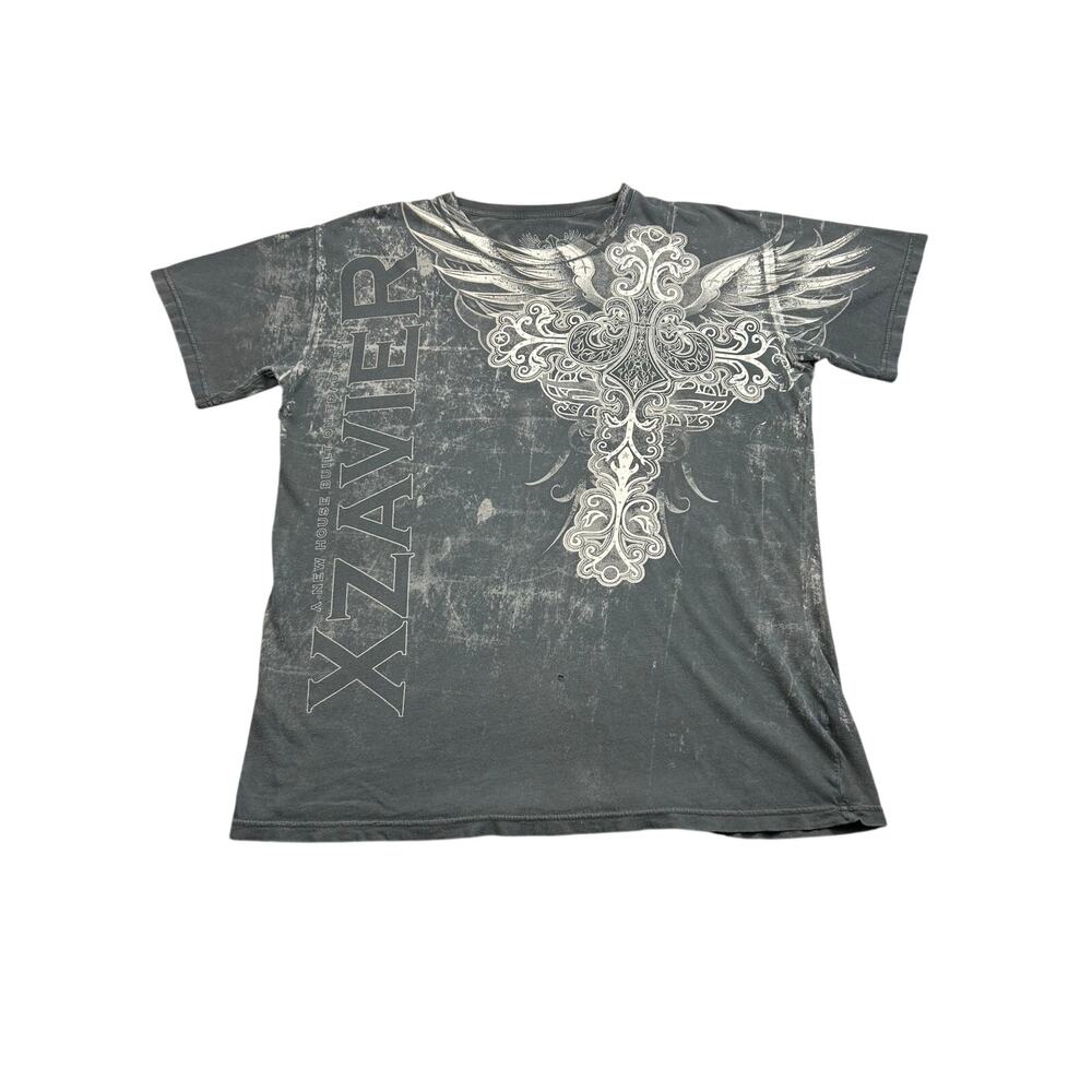 Y2K Xzavier T Shirt Mens XL Black Winged Cross Cyber Goth MMA Grundge AOP Skate